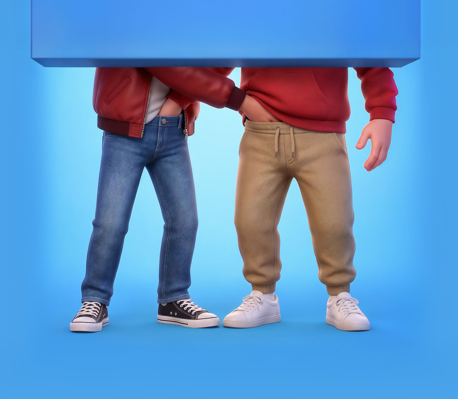 Lower artwork showing the same two 3D male characters standing behind the bottom of the rectangular panel.