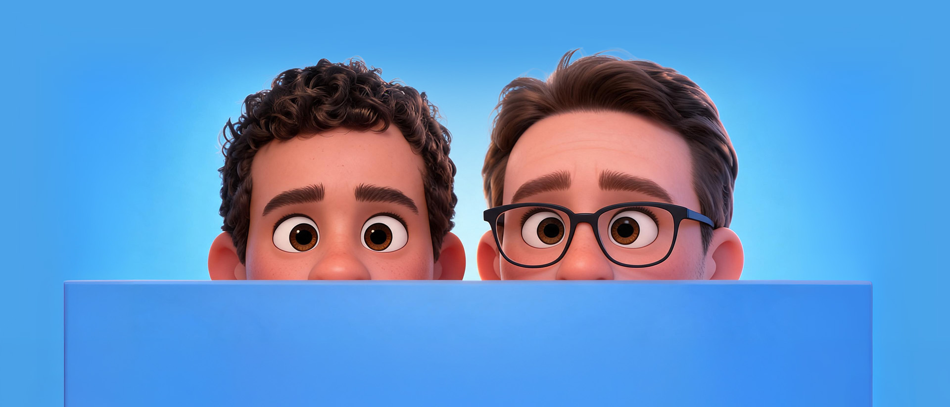 Upper artwork showing two 3D male characters peeking over a rectangular panel.